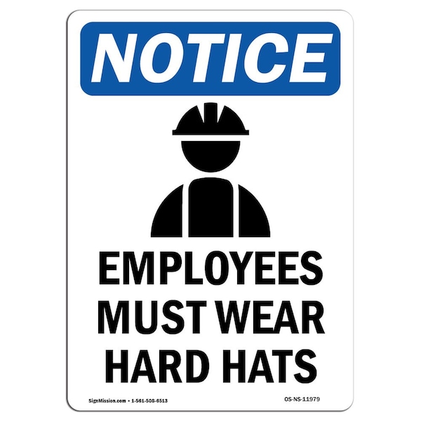 OSHA Sign, Employees Must Wear Hard Hats With Symbol, 24in X 18in Decal, 18" W, 24" H, Portrait